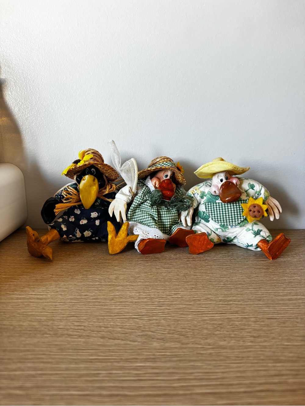 Russ Berrie Yellow, Green, Black & White Farmhouse Duck/Crow Trio Figurines